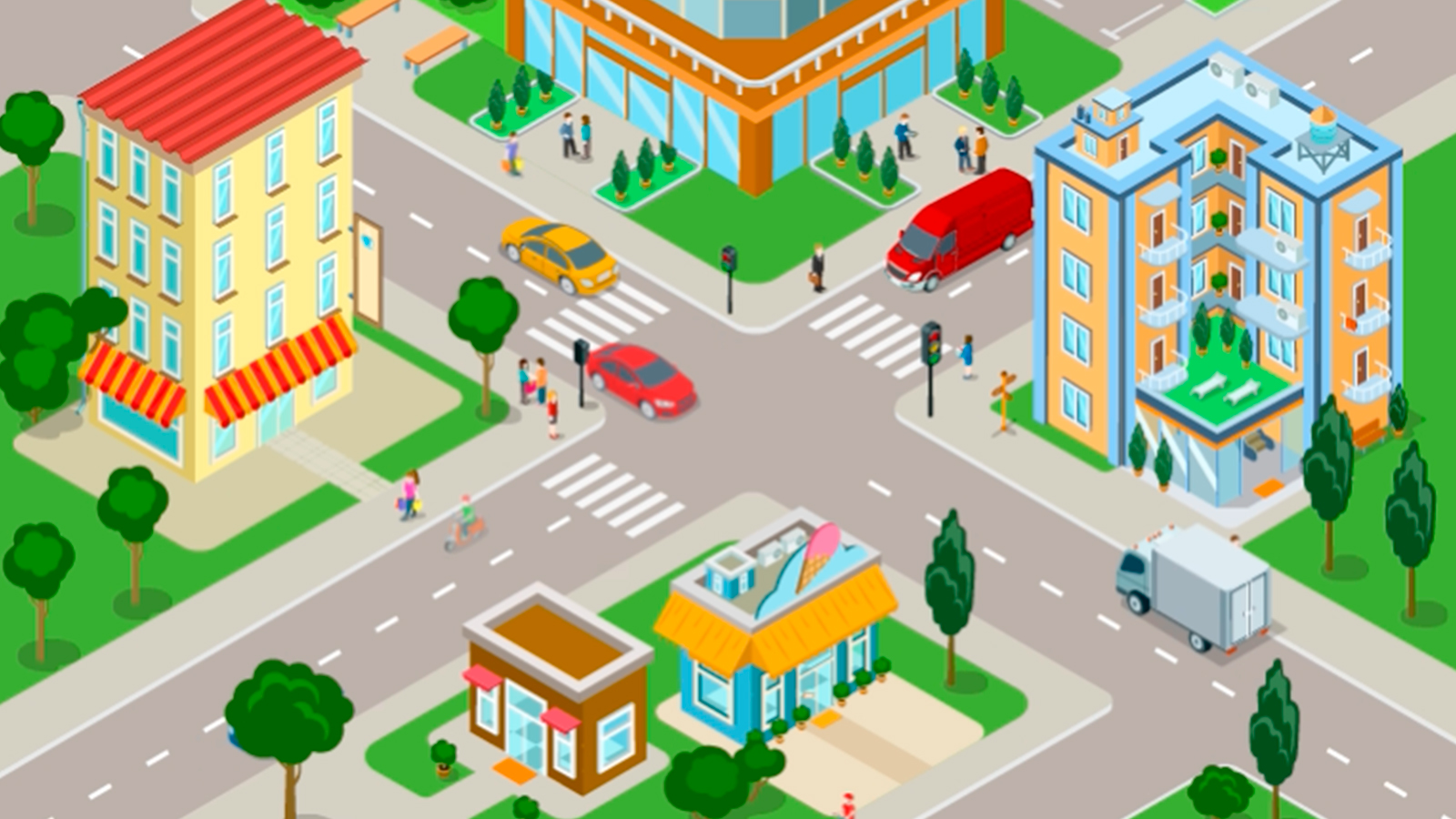 Animasjon av by med biler og mennesker