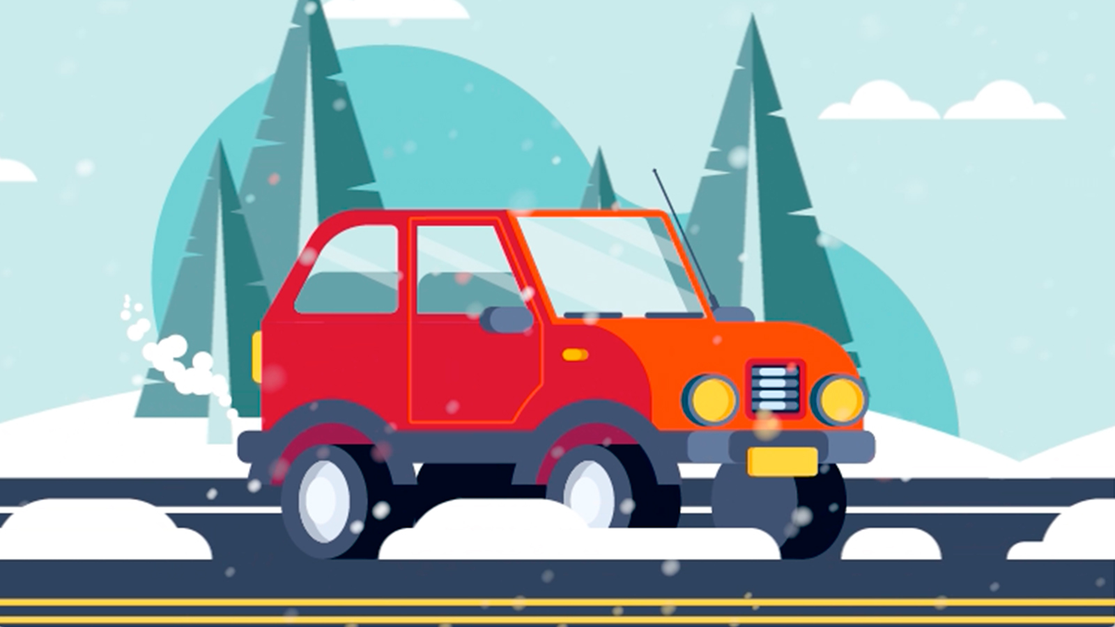 Animasjon av rød bil kjører i snøvær